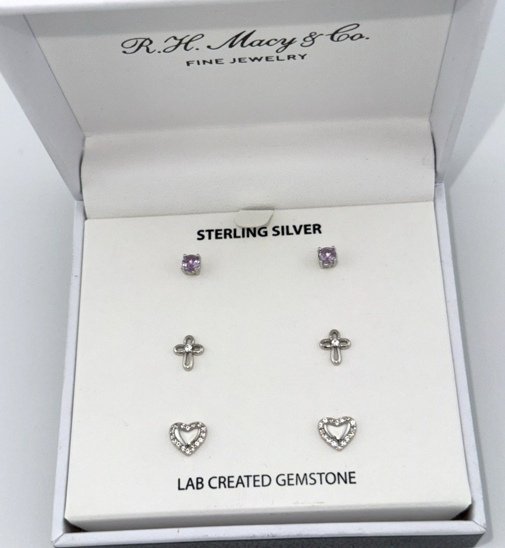 Amethyst 3/8ct Lab Grown White Sapphire Earrings 3 Pair Sterling Silver Set NEW